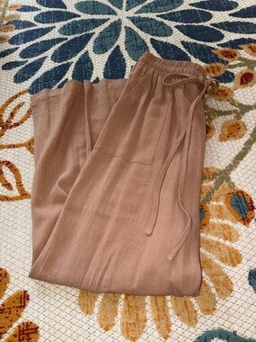 Wide Leg Drawstring Linen-Blend Pants in Camel size M